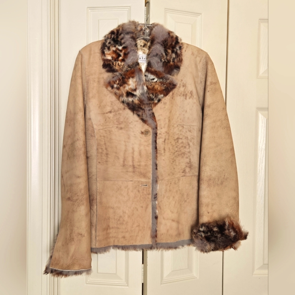 Ladies Tan Leather and Faux Fur Fully Lined Blazer Coat By Verrici Sport, Size M
